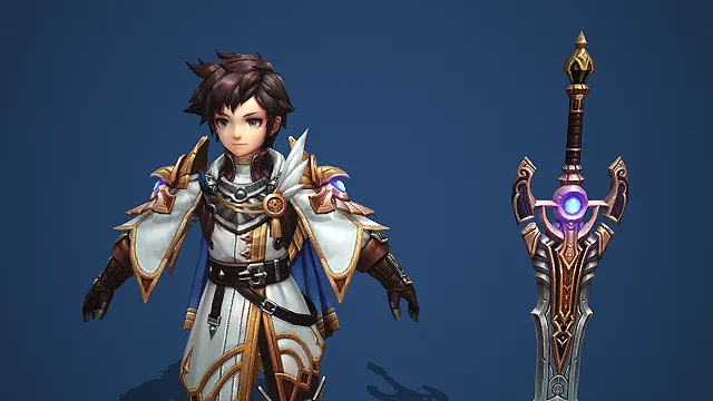 卡通 Q 版白金纹皇家骑士带紫宝石圣剑 3D 游戏角色模型