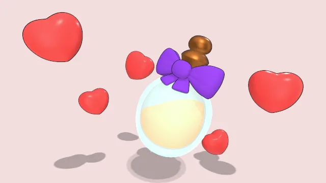 装有花蜜的小玻璃瓶四周有爱心漂浮