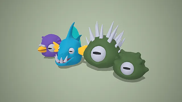 卡通 Q 版海洋生物怪物头 3D 模型合集 游戏道具资产包