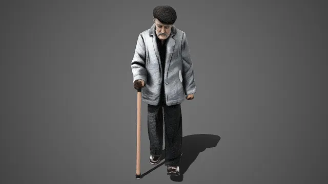 写实风格  老年男性  白发络腮胡  贝雷帽  拐杖  缓慢行走  