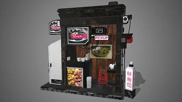 一个写实风格的赛博朋克商铺寿司店的模型