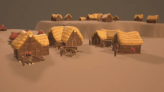 3D卡通风格复古村庄场景模型，创意设计（3D场景、卡通风格、质朴复古，奇幻主题，场景元素）