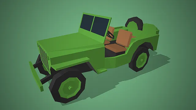 一款低模多边形风格的，Q版军用吉普车 D模型