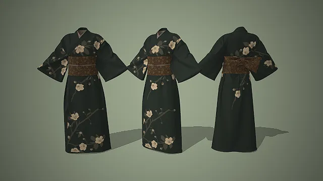 深绿底色  古风服饰  梅花纹样  日式振袖
