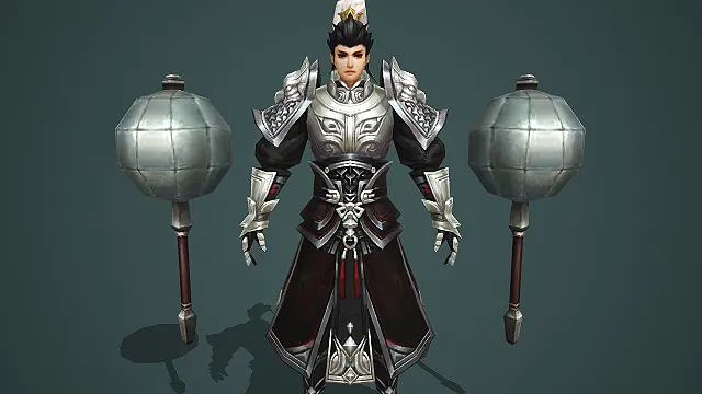 银甲少年武将配双圆锤角色模型