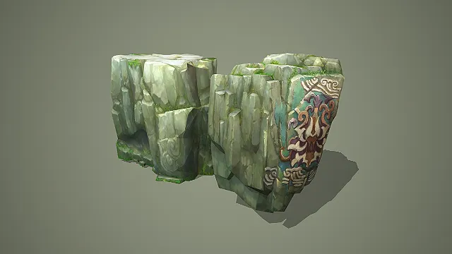 带图腾纹饰苔藓巨石组 3D 模型 游戏场景地形装饰素材