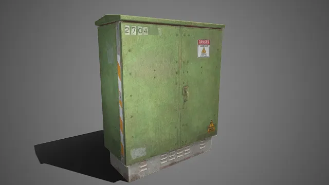 配电箱  金属柜体  斑驳漆层  双开门  危险警示标识  工业防护型设计  电气设施