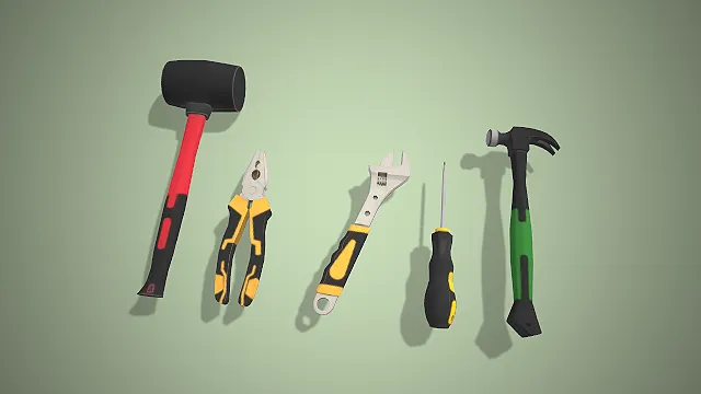 包含橡胶锤、尖嘴钳、活动扳手等品类的写实风格手动工具3D模型