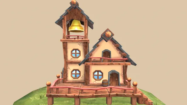 卡通风格化市政厅木屋建筑场景