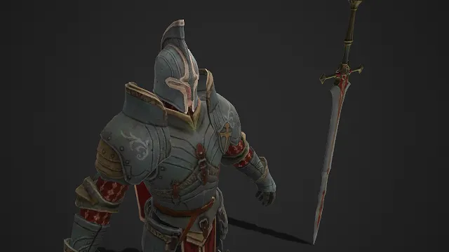 3D 角色模型  圣骑士  奇幻风格  复古重铠  银灰主色调  长剑  十字元素  正义战士形象