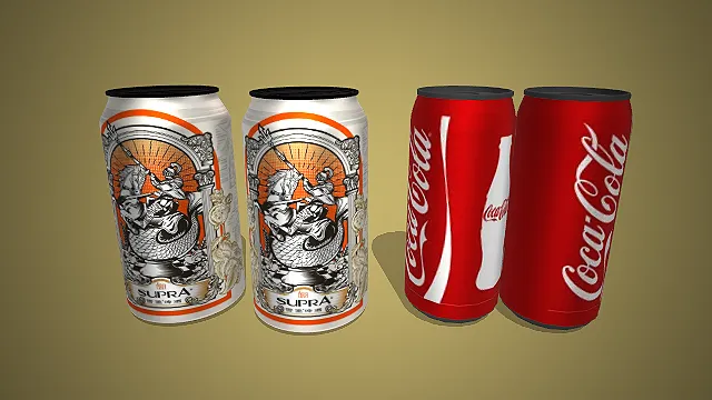SUPRA 复古插画罐装与可口可乐红罐包装 3D 模型