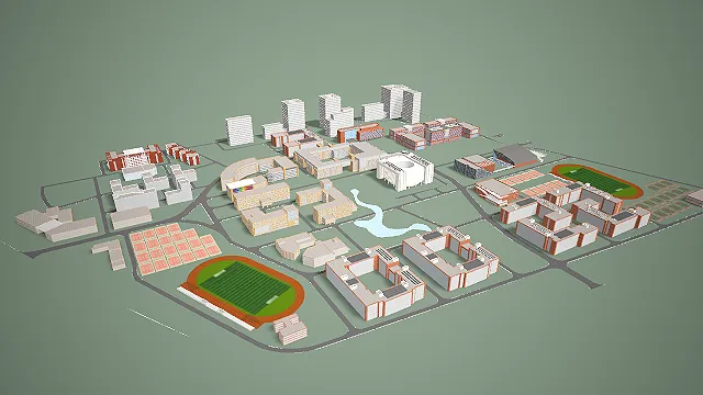 现代大学校园整体规划 3D 模型 含教学楼与运动场地资产