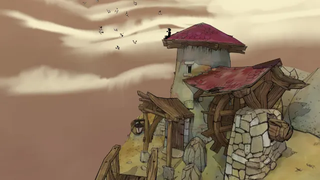 场景山上的木屋房子建筑飞鸟人物水车