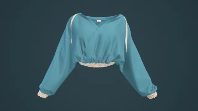 时尚风格短款上衣3D模型，服装设计（短款上衣、时尚风格、蓝色、蝙蝠袖、服装元素 ）