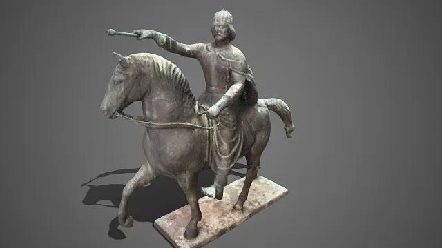 古铜质感  雕塑  武士形象  短杖类器物  中世纪骑士风格  历史题材  复古做旧效果  质感粗糙 