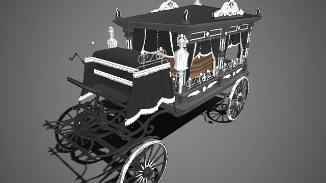 复古  葬车  葬仪专用马车  雕花装饰  帷幔与金属护栏  木质棺椁  殡葬主题