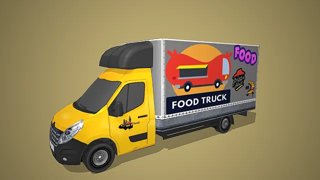 黄灰配色餐车带美食图案 “FOOD TRUCK” 标识写实模型