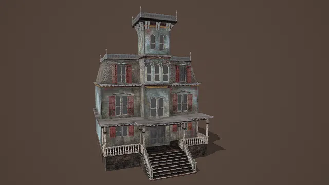 3D卡通风格蓝灰红系复古鬼屋模型，创意设计（3D鬼屋、卡通风格、复古诡异风，建筑设计主题）