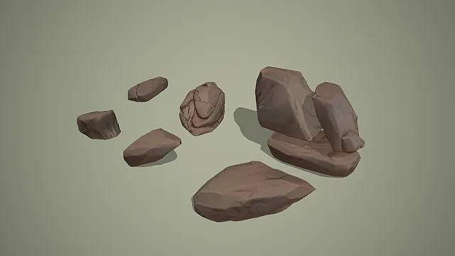 卡通低模带裂纹岩石石块 3D 模型套装 浅灰做旧款