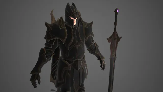 暗纹黑甲战士  紫晶饰剑  尖刺战甲  冷峻暗卫  近战角色  暗黑风格   3D 模型  危险神秘  