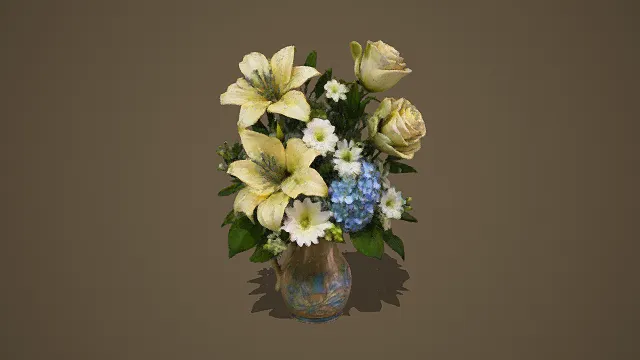 写实风格3D花艺插花模型，创意设计（写实花艺插花、3D模型、百合、玫瑰、小雏菊、绣球花、花叶搭配、彩釉花瓶）