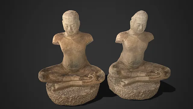 写实风格  宗教石像  盘腿坐姿  残损躯体  僧侣石雕  精细纹理