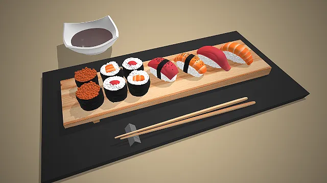 一个写实风格的常见日式料理寿司拼盘的模型