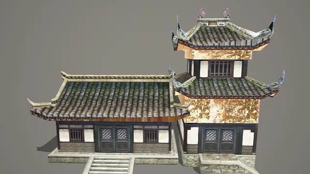 3D写实风中式组合建筑模型，创意设计（3D建筑、写实风格、古朴雅致，文化主题，物品元素）