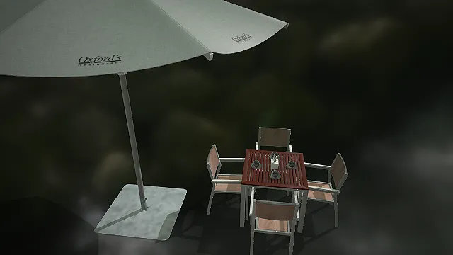 户外餐桌套装  餐饮休闲设施  浅灰遮阳伞  庭院场景