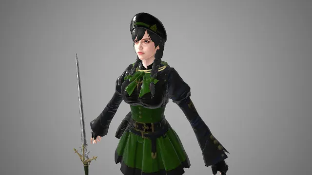 女性 3D 角色模型  军装风  佩剑  军系干练  奇幻军事题材  战斗角色  绿黑撞色