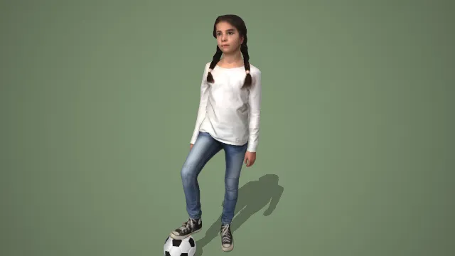 白长袖衫牛仔裤双辫女孩踩足球站姿 3D 模型