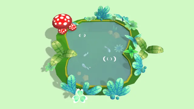 制作绿色小池塘有蘑菇植物和鱼动画