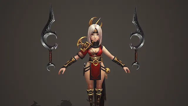 卡通 Q 版银发古风女刺客带双镰刃角饰 3D 游戏角色模型