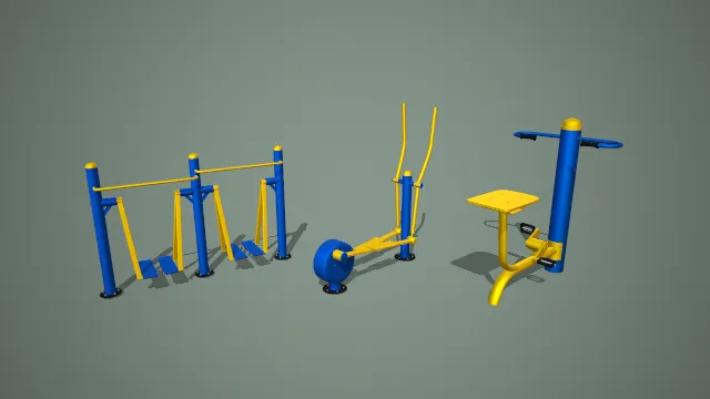 蓝黄配色户外健身器材三件套组合 3D 模型