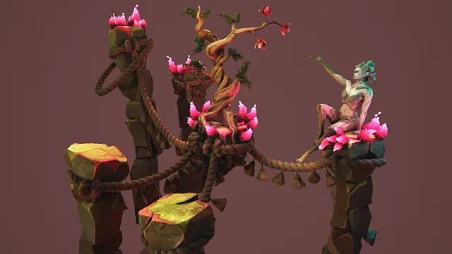 奇幻风格3D场景模型，创意设计（奇幻场景、悬浮岩石、粉色花朵、树木、人物、绳索连接、紫色背景、独特造型 )