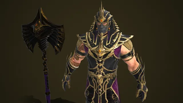 古埃及元素  战斗角色  游戏男角色  尖刺战甲  紫纹披风  蛇冠造型  邪神  肌肉男  鹰首巨斧