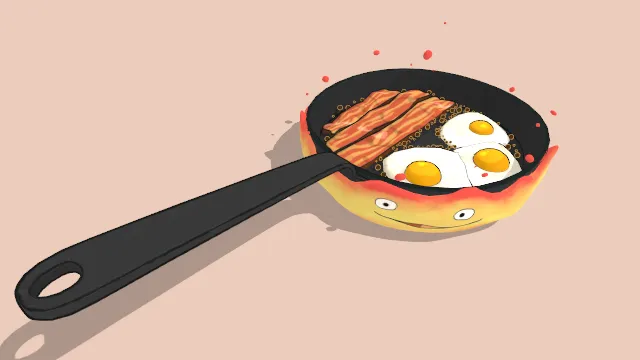 哈尔的移动城堡精灵火焰顶着煎锅早餐鸡蛋培根食物