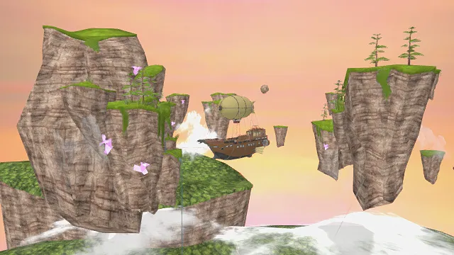 3D卡通风格棕绿粉橙系浮空岛场景模型，创意设计（3D场景、卡通风格、卡通奇幻风，场景设计主题）