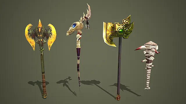 四款奇幻风格战斧法杖武器道具组合模型
