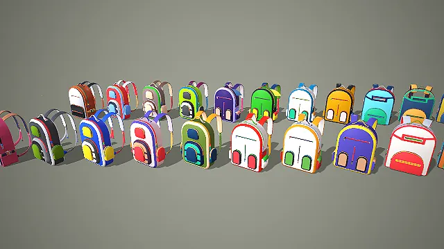 卡通多款式分层双肩书包 3D 模型合集 游戏角色背包道具