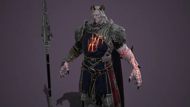 暗黑魔将  银灰重甲  妖异紫纹  暗黑气息  尖刺战矛  凌厉邪魅  典型反派