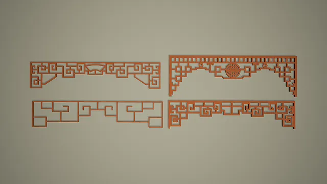 中式回纹与寿字纹挂落组合镂空木雕 3D 模型