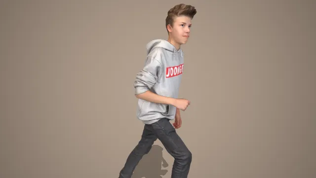 灰连帽卫衣红标少年行走休闲姿态 3D 模型