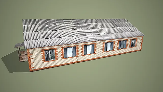 浅黄砖纹墙面配金属长屋顶带小门廊平房建筑 3D 场景模型