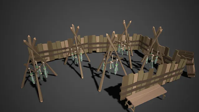 低多边形  围栏营地  弧形栅栏  尖刺支架  渔获  渔猎据点  野外设施  