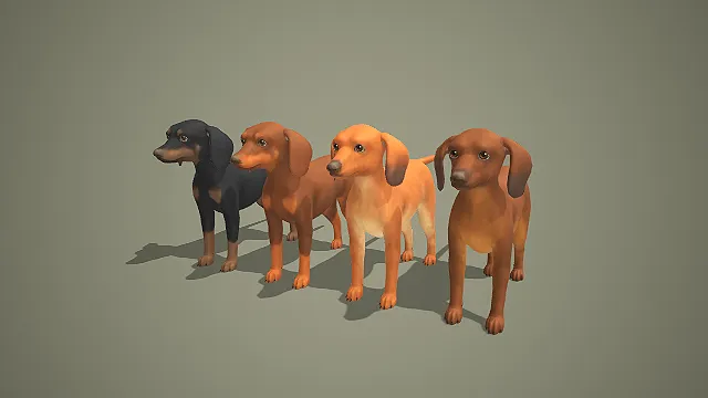 卡通风格多色腊肠犬 3D 模型 写实宠物犬角色素材包