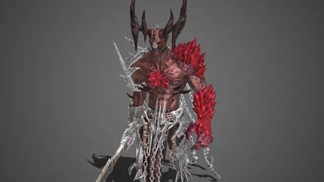 恶魔魔物  头顶多支尖角  暗红腐坏躯体  棘刺  巨刃  狰狞  深渊恶魔  反派