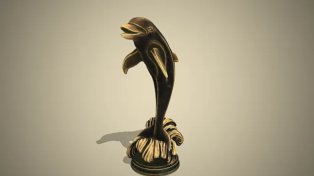 一个青铜质感的海豚雕塑3D模型，呈现出跃出水面的姿态