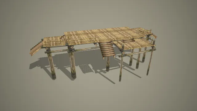 写实风格复古木质栈桥平台 3D 古风场景道具模型