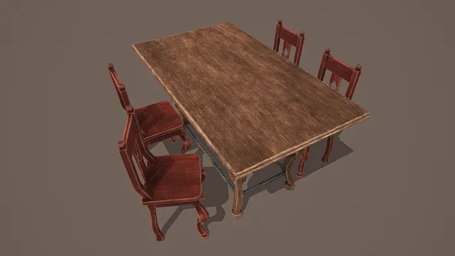 3D卡通风格棕红系复古餐桌椅模型组，创意设计（3D家具、卡通风格、卡通复古风，家具设计主题）